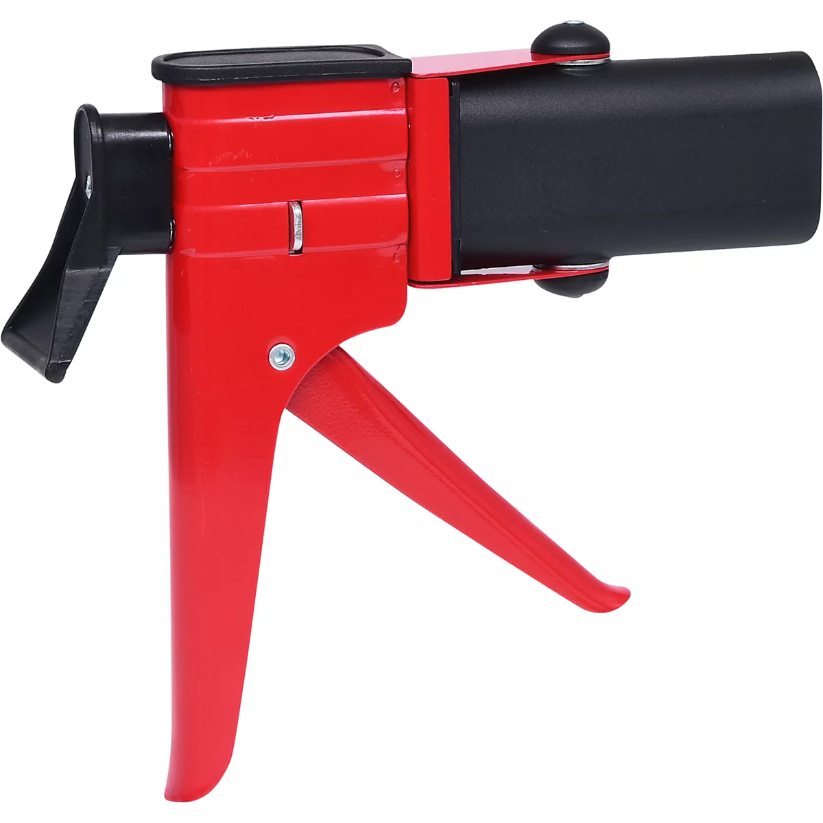 Rote Kartuschenpistole mit schwarzem Griff. Auslöser und Halterung sind ebenfalls rot. Werkzeug für Klebstoffe.